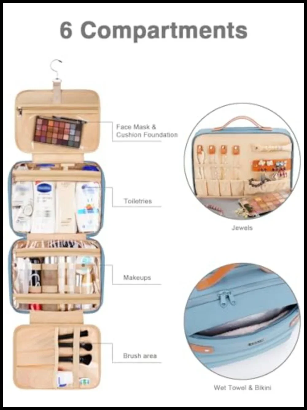 Waterproof Hanging Toiletry Bag Travel Cosmetic Organizer with Jewelry Storage,